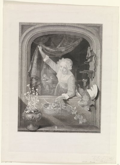 窓の近くで手に果物のバスケットを持つ女性 作： Johannes de Mare