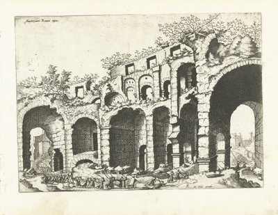 おそらくコロッセオの円形劇場の眺め ローマ時代の遺跡、1561年（シリーズタイトル） 作： Johannes of Lucas van Doetechum (attributed to)