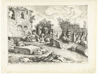 アンティークの彫像の断片がある庭園 ローマ時代の遺跡、1561年（シリーズタイトル） 作： Johannes of Lucas van Doetechum (attributed to)