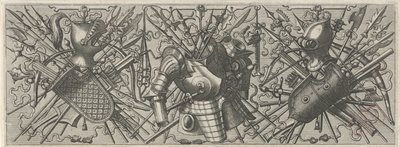 左側にヘルメット、盾、交差した棒の武器とクロスボウを持ったフリーズ Panoplia sev armamentarium… (シリーズタイトル) 作： Johannes of Lucas van Doetechum