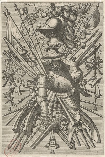 紋章トロフィーからなる表面装飾 トロフィーの表面装飾とフリーズ（シリーズタイトル） 作： Johannes of Lucas van Doetechum