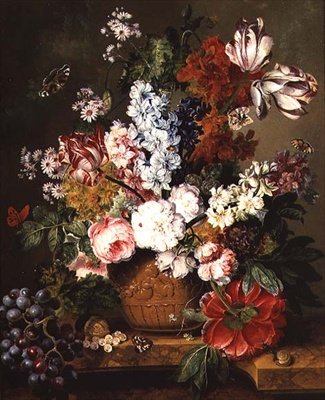 大理石の台座の上の果物と花 作： Johannes or Jacobus Linthorst