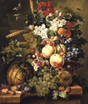 大理石の台座の上の果物と花 作： Johannes or Jacobus Linthorst