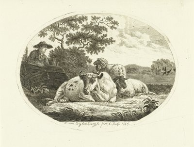 牧草地の牛、羊、雄羊、フェンスにもたれかかる農夫 作： Johannes van Cuylenburgh