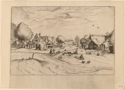 羊と座っている羊飼いのいる田舎の村 作： Johannes van Doetechum, the Elder and Lucas