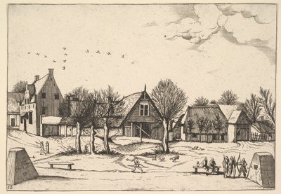 田舎の村、前景に射手たち 「Multifariarum casularum ruriumque linea...」より 1559-61年 作： Johannes van Doetecum I