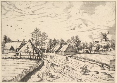 Multifariarum casularum curios features...、1559-61年からのポストミルのあるカントリービレッジ 作： Johannes van Doetecum I