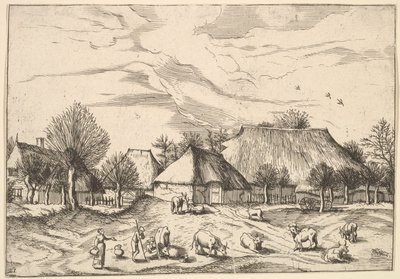 Multifariarum casularu...、1559-61年からの農場、前景に牧夫と乳搾り女のいる牛。 作： Johannes van Doetecum I