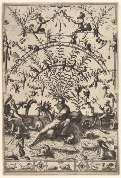 川の神が描かれた近代的なグロテスク装飾 1557年 作： Johannes van Doetecum I