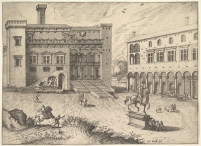 カピトリーノの丘のカンピドリオの眺め、右下に騎馬像、1562 年。 作： Johannes van Doetecum I