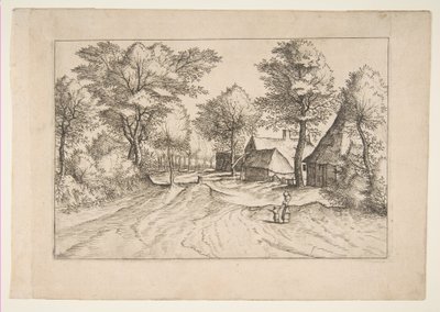 シリーズ、The Small Landscapes Multifariaru...、1559-61 からの農場と小屋のある村の道。 作： Johannes van Doetecum I