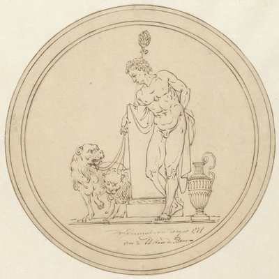 2 頭のライオンと一緒に立っている寓意的な男性像 作： Johannes van Dregt