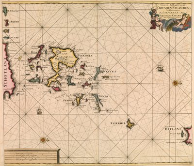 ファン・キューレンの「Great and Newly Enlarged Sea Atlas」に掲載されたOrcades Eylande（オークニー諸島）の海図。 作： Johannes van Keulen