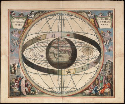 Andreas Cellarius Harmonia Macrocosmica からのプトレマイオス宇宙論の風景画、c。 1660年 作： Johannes van Loon