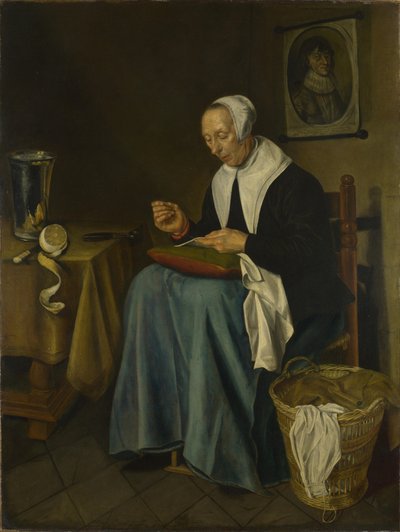 歳の女性が裁縫に着席、1655 作： Johannes van der Aeck