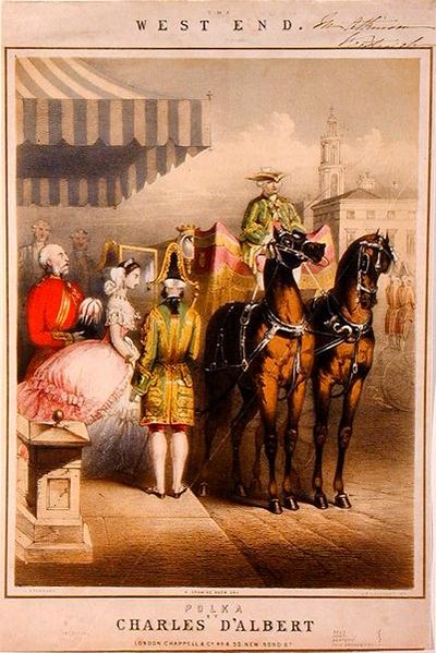 ウェストエンド・ポルカ」の楽譜カバー「A Drawing Room Day」、M & N Hanhartの刻印、1860年頃（カラーリトグラフ）。 作： John (after) Brandard