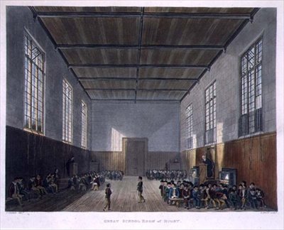 ラグビーの大学校の部屋、「History of the Colleges」の一部である「History of Rugby School」より、Daniel Havell (1785-1826)の彫刻、R. Ackermannの出版。 作： John (after) Gendall