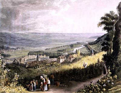 Thomas Sutherland (b.1785)が彫った「Views on the Seine」から、1821年にR.Ackermann (1764-1834)が出版した「Meulan」（カラーリトグラフ）。 作： John (after) Gendall