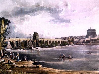 トーマス・サザーランド（b.1785）が彫刻し、R.アッカーマン（1764-1834）が1821年に出版した「セーヌ河畔の風景」よりポン・ドゥ・ラルシュ（カラー印刷） 作： John (after) Gendall