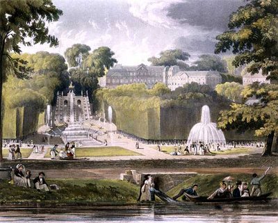 ダニエル・ハヴェル（1785-1826）が彫刻し、R.アッカーマン（1764-1834）が1821年に出版した「セーヌ河畔の風景」より、サン・クラウド（カラーリトグラフ版） 作： John (after) Gendall