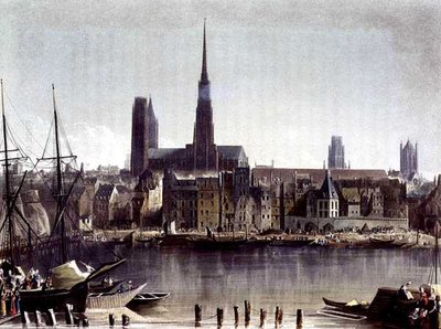 トーマス・サザーランド（b.1785）が彫った「セーヌ河畔の風景」からのルーアンの眺め、R.アッカーマン（1764-1834）が1821年に出版（カラーリトグラフ）。 作： John (after) Gendall