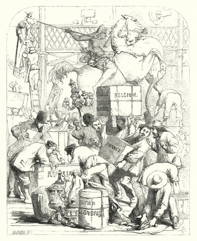 1851年の万国博覧会に出品される品物の到着（ロンドン、ハイドパークのクリスタルパレス）（彫刻 作： John (after) Gilbert
