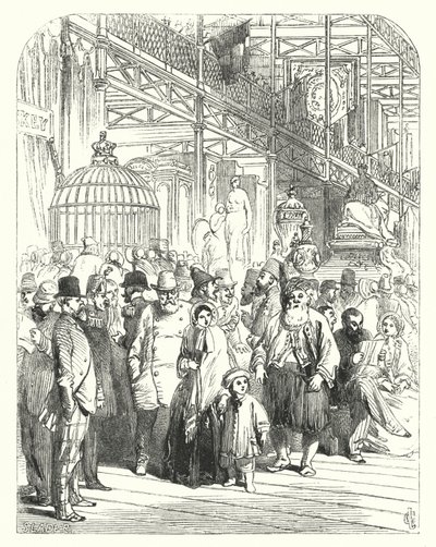 1851年に開催された万国博覧会の会場となったロンドンのハイドパークにあるクリスタル・パレスでの出展者と来場者の様子（エングレービング 作： John (after) Gilbert