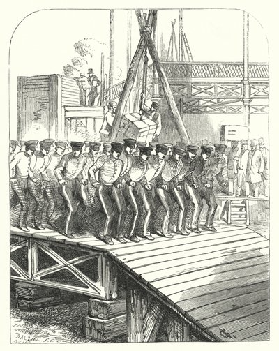 1851年に開催された万国博覧会の会場となったロンドンのハイドパークにあるクリスタルパレスの敷地で働く石工や鉱山労働者たち（エングレービング 作： John (after) Gilbert