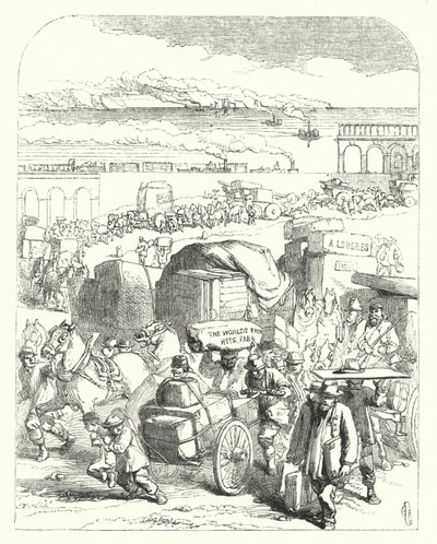 1851年に開催された万国博覧会（ロンドン、ハイドパーク、クリスタルパレス）に来場者を運ぶ船や列車（彫刻 作： John (after) Gilbert