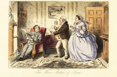 憤慨した両親と暖炉の前でパーラーでくつろぐ英国紳士 作： John (after) Leech