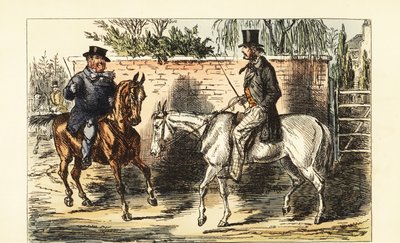 古いナグに乗った英国紳士が、ベイホースに乗った男性に拒絶された。 作： John (after) Leech