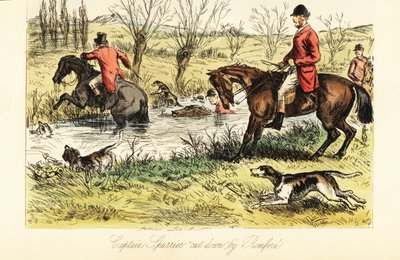 イギリスの猟師が狐の猟犬を連れて川を渡る様子 作： John (after) Leech