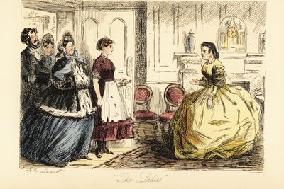 ブレックファストルームでサプライズ訪問を受けるイギリス人女性 作： John (after) Leech