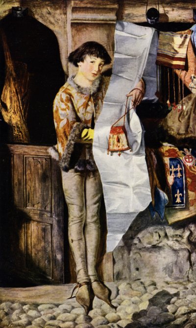 中世の呉服屋の店先で商品を宣伝する少年（写真 作： John (after) Pettie