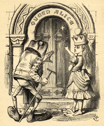 アリスとカエル」ルイス・キャロル（1832-98）の「Through the Looking Glass」からの挿絵（1871年初版）（リトグラフ）。 作： John (after) Tenniel