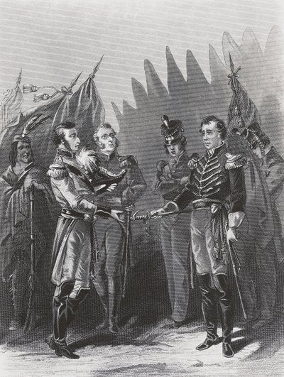 アメリカ軍のウィリアム・ハル将軍がデトロイトでイギリス軍とアメリカ先住民の戦士に降伏したのは7月15日。 作： Walter Charles Mills