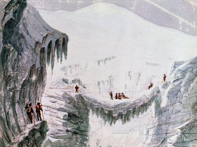 モンブラン登頂、クレバスから吊り下げられたクライマー、水彩画、フランス 作： Walter Charles Mills
