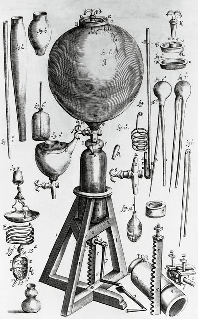 ロバート・ボイル（1627-1691）による新しい物理的・機械的な空気の実験、エングレービング 作： Walter Charles Mills