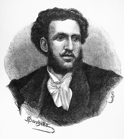 イタリアの作家、詩人、ジャーナリスト、イギニオ・ウーゴ・タルケッティ（1839-1869）の肖像、エングレーヴィング 作： Walter Charles Mills