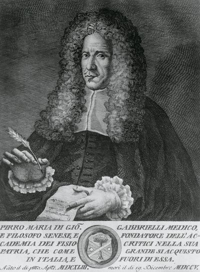 イタリアの哲学者、理論医学・植物学教授、ピロ・マリア・ガッブリエリ（1643-1705）の肖像、コジモ・ゾッキ（1740年～1787年頃活躍）のエングレーヴィング 作： Walter Charles Mills