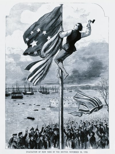 アメリカ国旗が掲揚され、ニューヨークを放棄するイギリス軍（11月25日 作： Walter Charles Mills