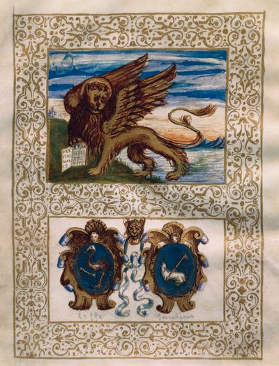 ヴェネツィアの翼のある獅子とレフェとガンディーノの紋章、6月18日のPrivilegio della Serenissima alla Val Gandinoのミニチュア 作： Walter Charles Mills
