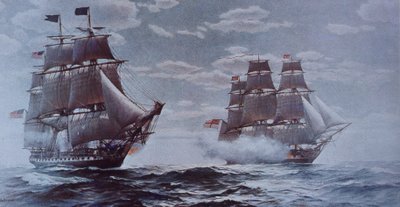 USSコンスティテューションとHMSジャワ（カラーリトグラフ 作： Walter Charles Mills