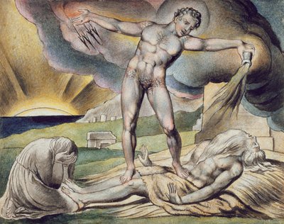 サタンはおできでヨブを叩き、ウィリアム・ブレイク（1757-1827）c.1823の後の「ヨブ記のイラスト」の6ページ（ペンとインクで紙にウォッシュ） 作： John (circle of) Linnell