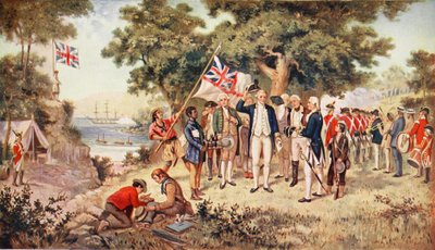 キャプテンクックは1770年にニューサウスウェールズを所有し、「ハッチンソンのイギリス国民の物語」のイラスト、1923年頃 作： John Alexander Gilfillan