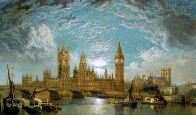 「川から見たウェストミンスター橋、国会議事堂、ウェストミンスター寺院」、1872 年 作： John Anderson