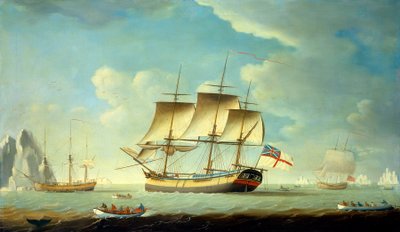 微風の中の捕鯨船と他の船、1790年頃、油彩・カンヴァス 作： John Askew