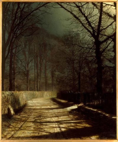 JAGrimshaw、門のそばに2人の恋人がいる月明かりに照らされたレーン-宝石。 作： John Atkinson Grimshaw