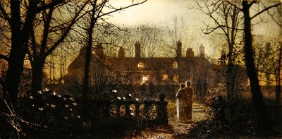 月夜の情景と二人の人物（油彩・パネル） 作： John Atkinson Grimshaw