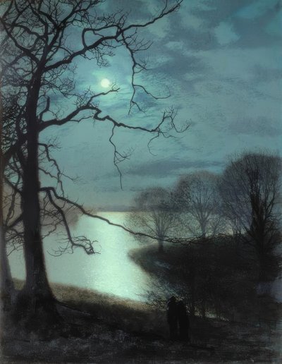 月明かりに照らされた湖を見る 作： John Atkinson Grimshaw